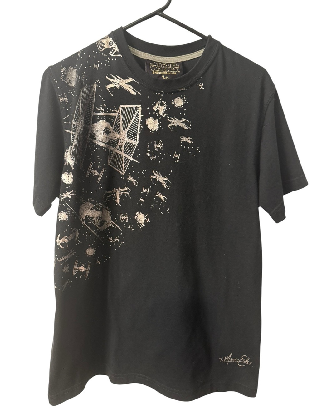 Men’s Star Wars Black Short Sleeve Tee with Tie Fighter Space Battle Graphic MED